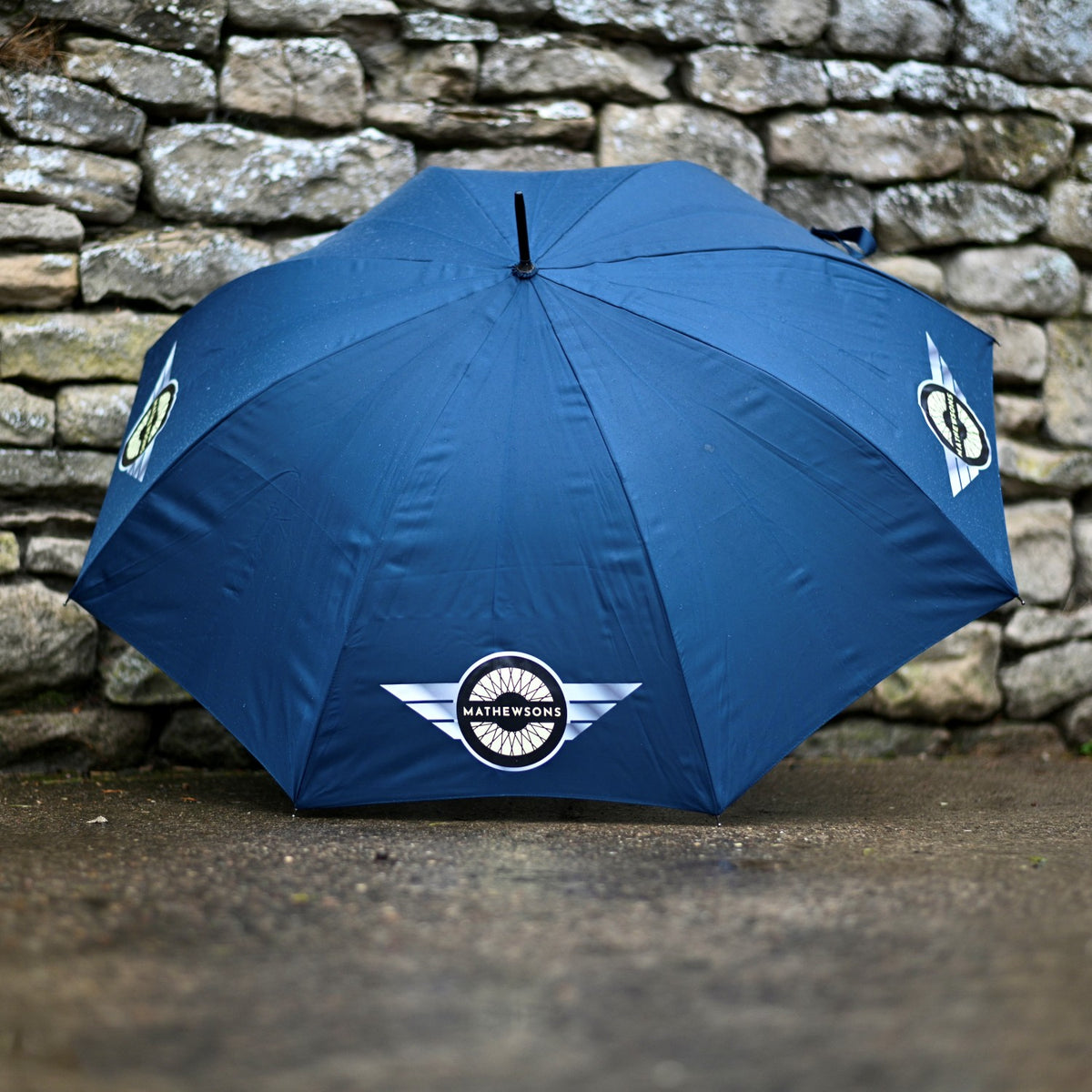 Blue umbrella with logos against a stone wall background